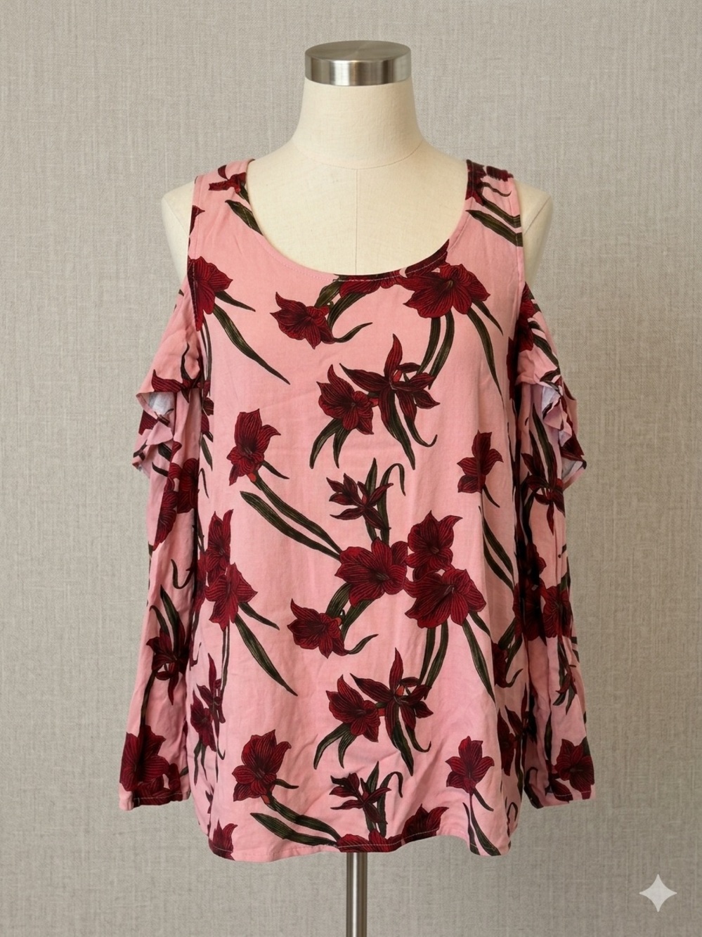 JustFab Pink Floral Cold Shoulder Top Plus Size 1X Ruffle Sleeve